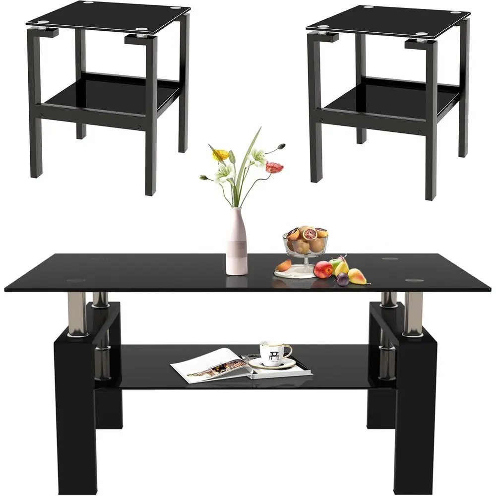 

Современный набор журнальных столиков из черного стекла из 3-х предметов, приставные столики для хранения вещей, металлические ножки, столешница из закаленного стекла для гостиной