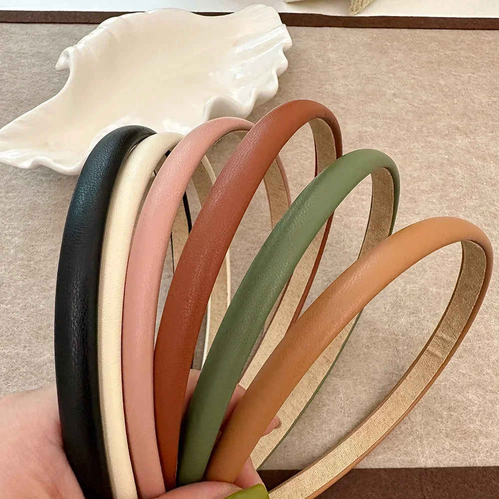 New Fashion Women PU Leather Hairbands Solid Color 2cm Thin Plain Headbands Simple Hair Hoop Basic Headwrap Non-slip Hair Holder