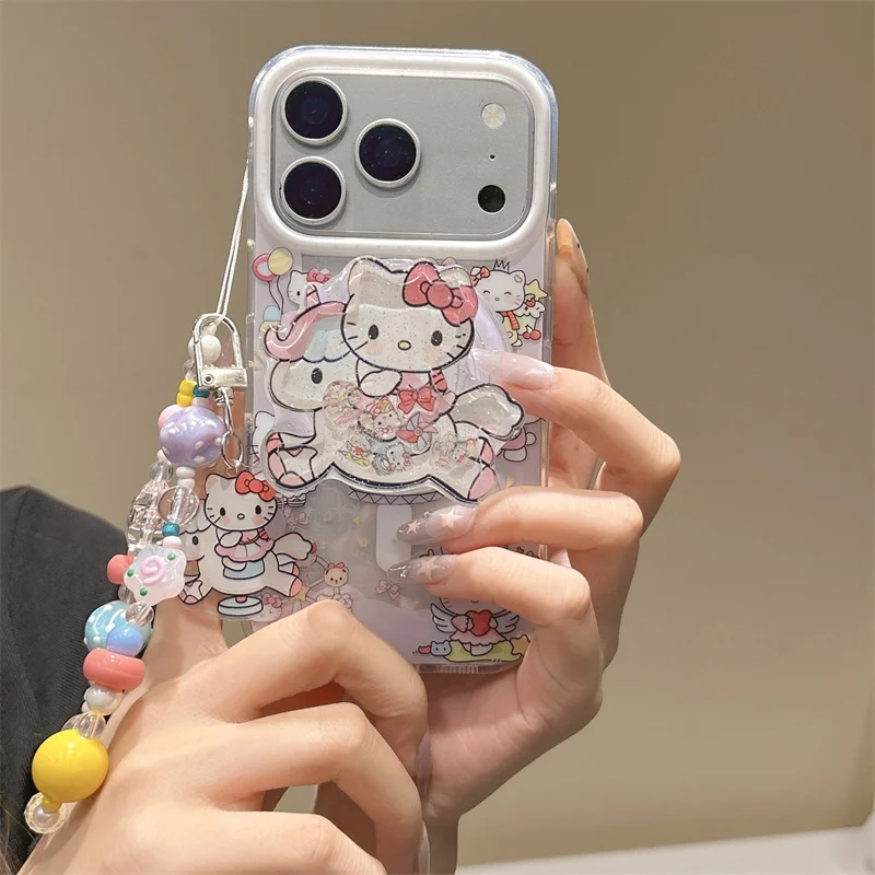 

Fashion iPhone case Hello Kitty Print Magnetic Phone Case Beaded Chain Stand For IPhone 17 16 15 Pro Max Shockproof Protective C