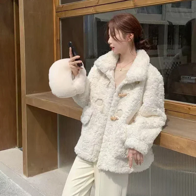 

Women Fall Korean Stand Collar Horn Button Jackets White Faux Lamb Wool Warm Coats Y2K Winter Thick Long Sleeve Plush Outerwear