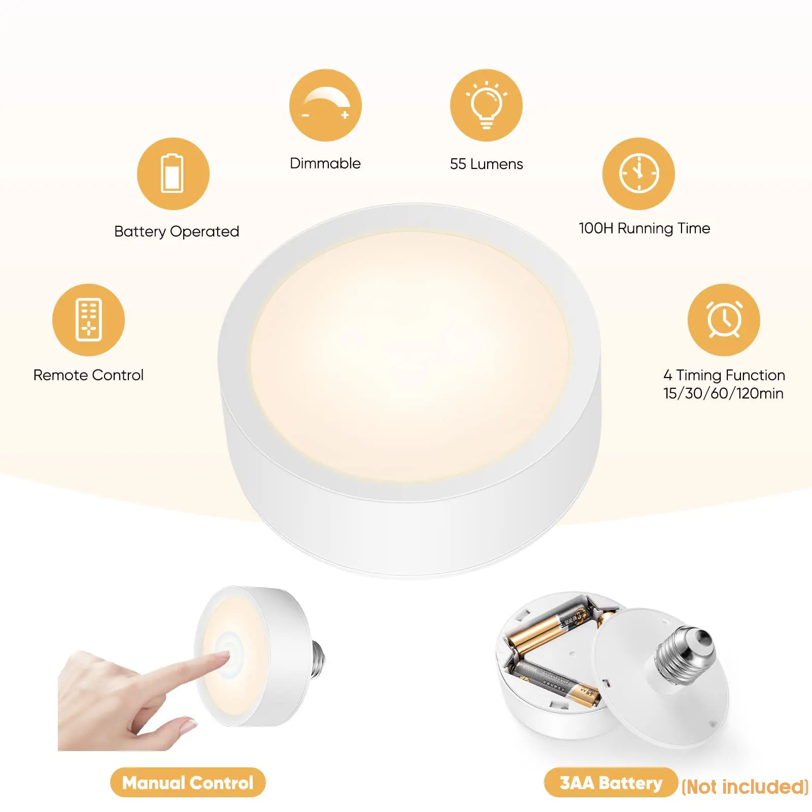 NookNova 2 Pack Battery Operated Light Bulbs with Remote for Non-Hardwired Lamp, E26/E27 Wireless Dimmable Led Battery Operated