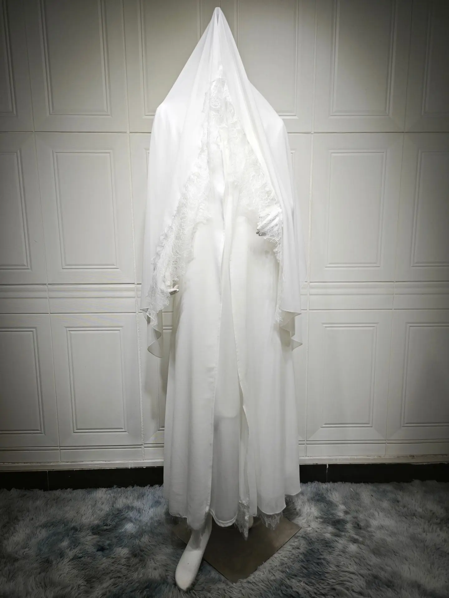 Chiffon Open Abaya Arabisch Weiße Strickjacke Hijab 2-teiliges Set Spitzenbesatz Muslimische Frauen Elegante Kleider Islam Langes Kleid Party Outfits