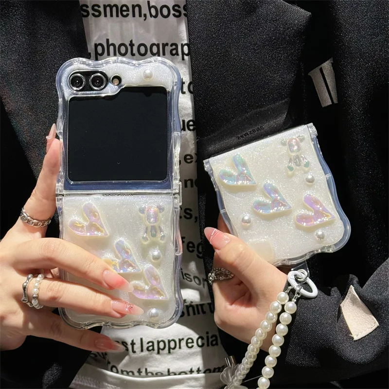 For Samsung Galaxy Z Flip 3 4 5 Case 3D Love Heart Bear Bracelet Wave Clear Shockproof Cover For Samsung Z Flip5 ZFlip5