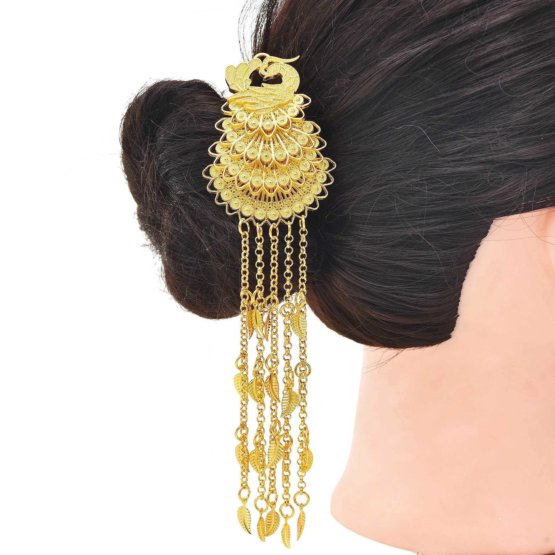 Gold Color Long Chain Leaf Tassel Hairpin for Women Peacock Chinese Traditiona Metal Stick Vintage Ethnic Hair Fork Hair Jewelry