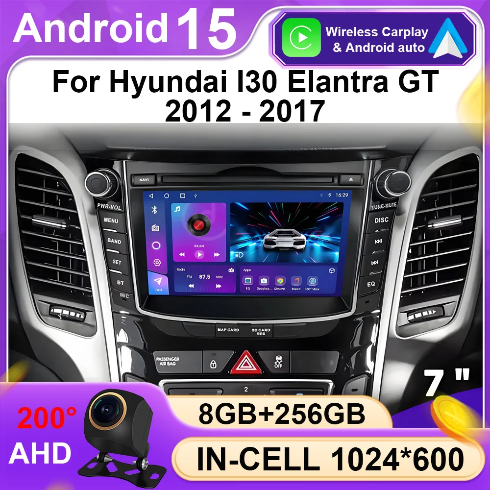 Radio samochodowe z systemem Android 15, multimedialne, z nawigacją GPS, odtwarzaczem DVD, nie 2DIN, do Hyundai I30 Elantra GT 2012 - 2017, jednostka główna z ekranem QLED