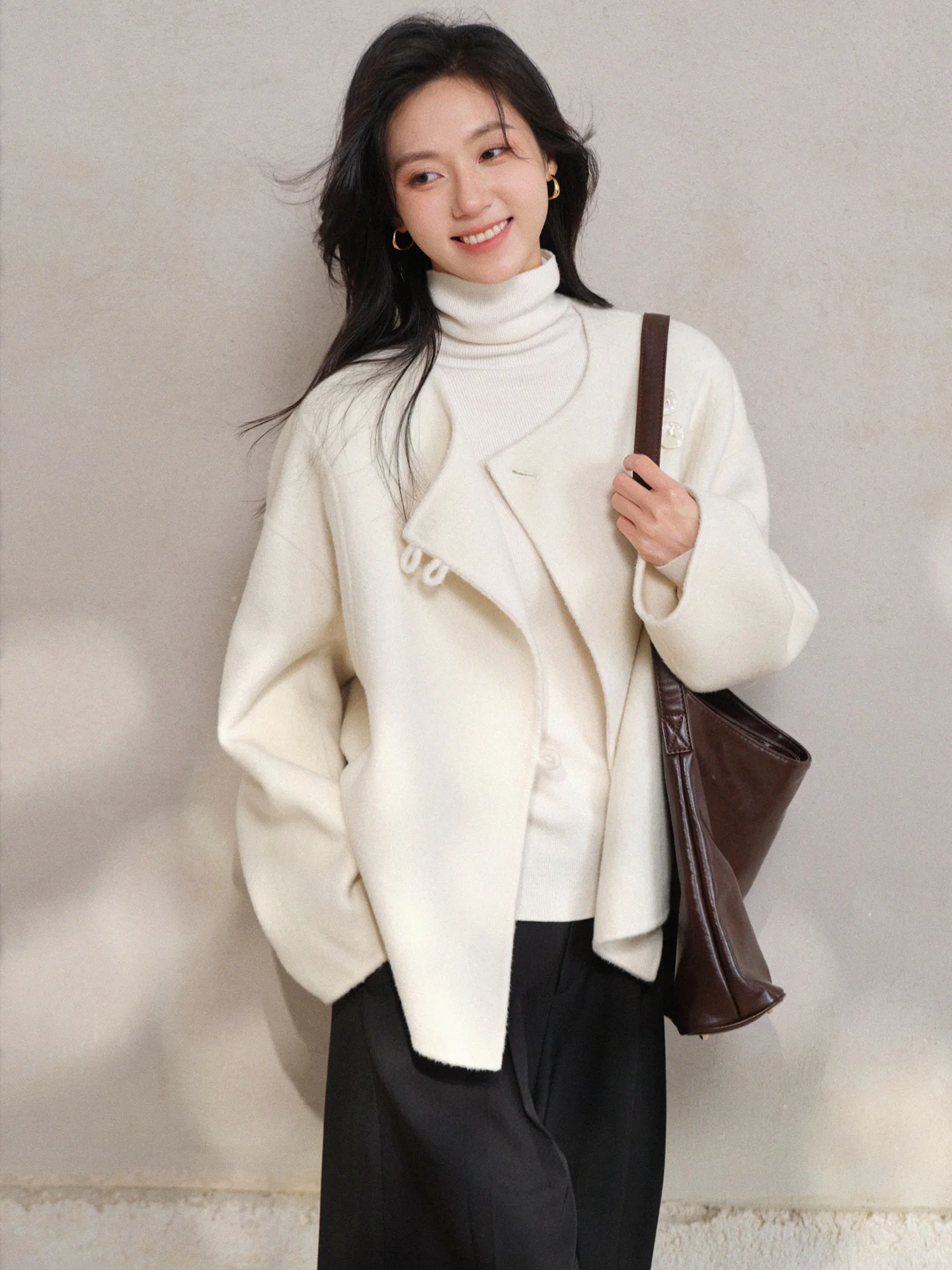 معطف قصير من الصوف الأنيق للنساء شتاء دافئ مزدوج الوجه سترة فضفاضة غير رسمية ملابس خارجية صوفية مستقيمة لمظهر أنيق وشبابي