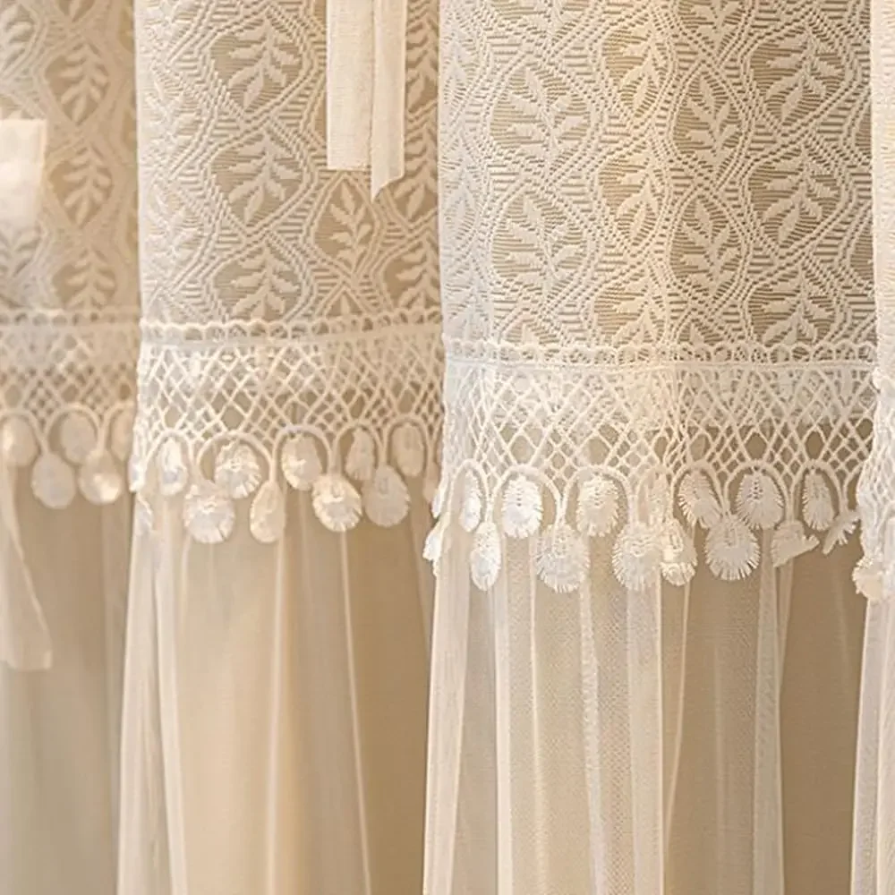 Double Layer Curtain with Princess Skirt Lace for Living Room Luxury Floral Embroidered Curtain with Wavy Valance