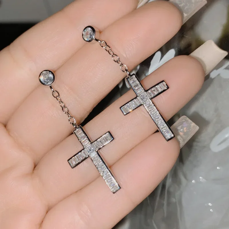 MDL Moissanit1 نمط جديد الهيب هوب مليئة بالزركونيوم مجموعة طويلة مربع الماس محب الصليب الأذن سلك أقراط إسقاط أقراط