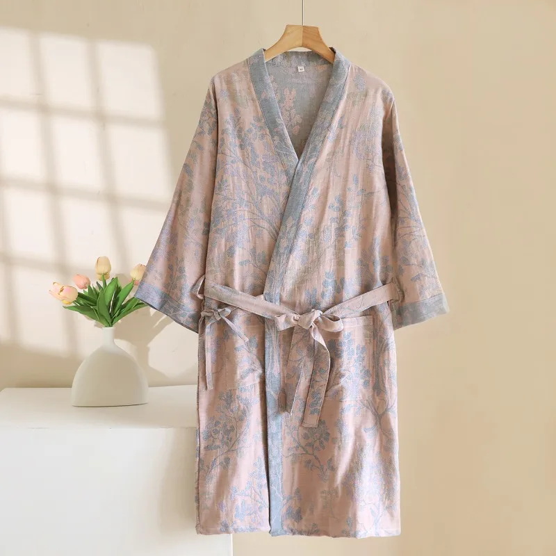 2026 New Women's Spring/Summer Sleeping Robe 100% Cotton Gauze Color Woven Jacquard Bathrobe Quick Drying Robe Sleepwear