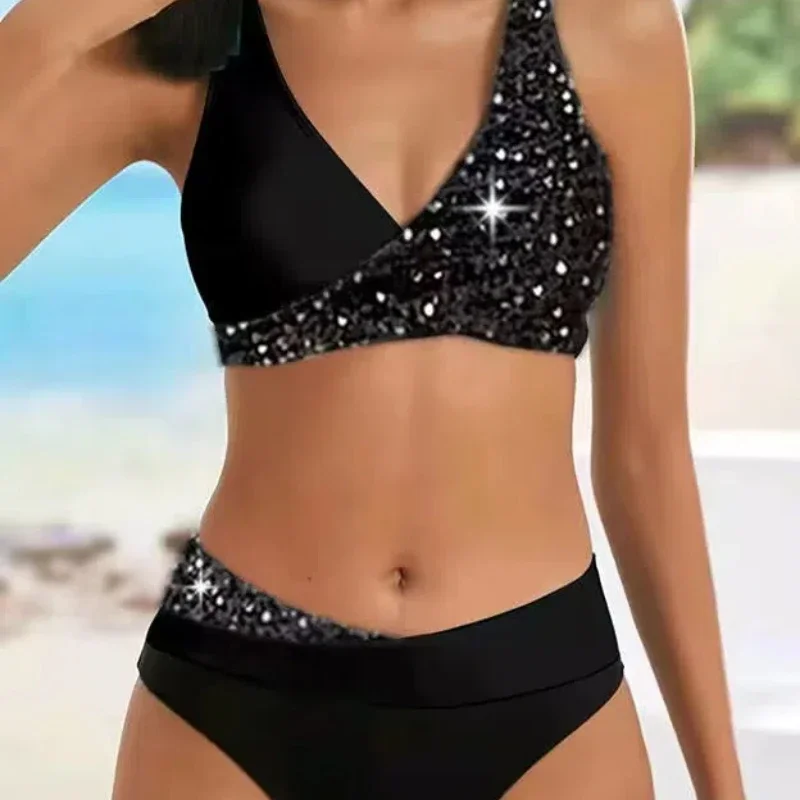 المرأة تألق المطبوعة الترتر مجموعة البكيني مثير قطعتين ملابس السباحة لامع شين عالية الخصر أسفل و رفع أعلى مثير الصيف
