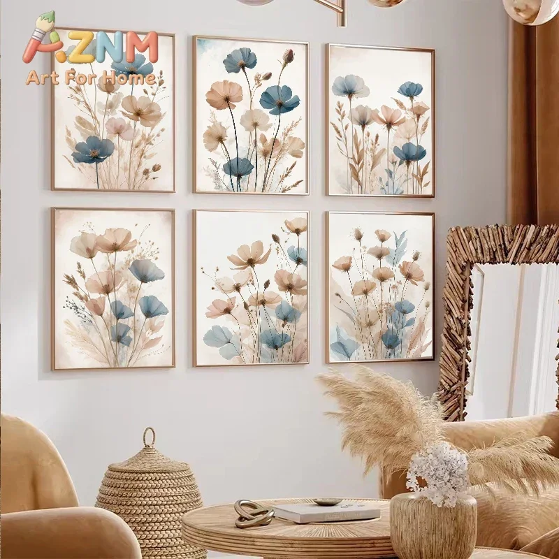 Vintage Blue Beige Wild Flowers Poster Canvas Painting Minimal Wall Art Print Picture Botanical Farmhouse Living Room Home Decor