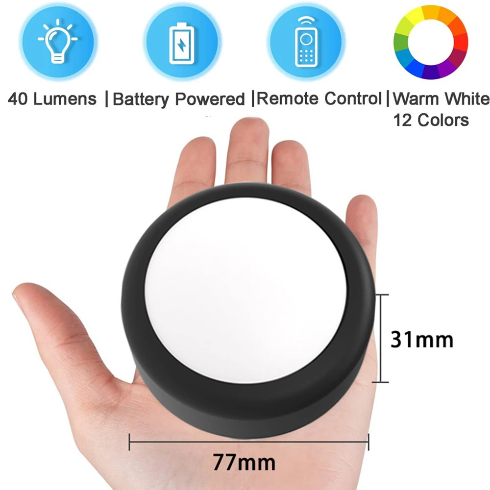 Battery Operated LED Puck Light Wireless RGB Closet Light Remote Control Dimmable Night Lamp Cabinet Room Wall Kitchen Lighting