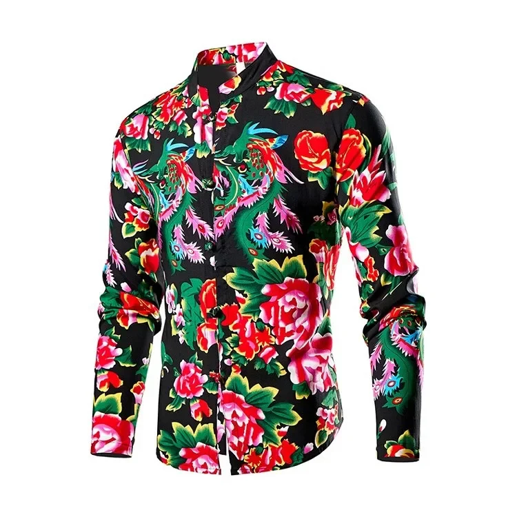 

Chinese Style Men Black Stand-up Collar Shirt, Single-breasted Long-sleeved Printed Shirts, Fashion Casual Camisas, Asian Size