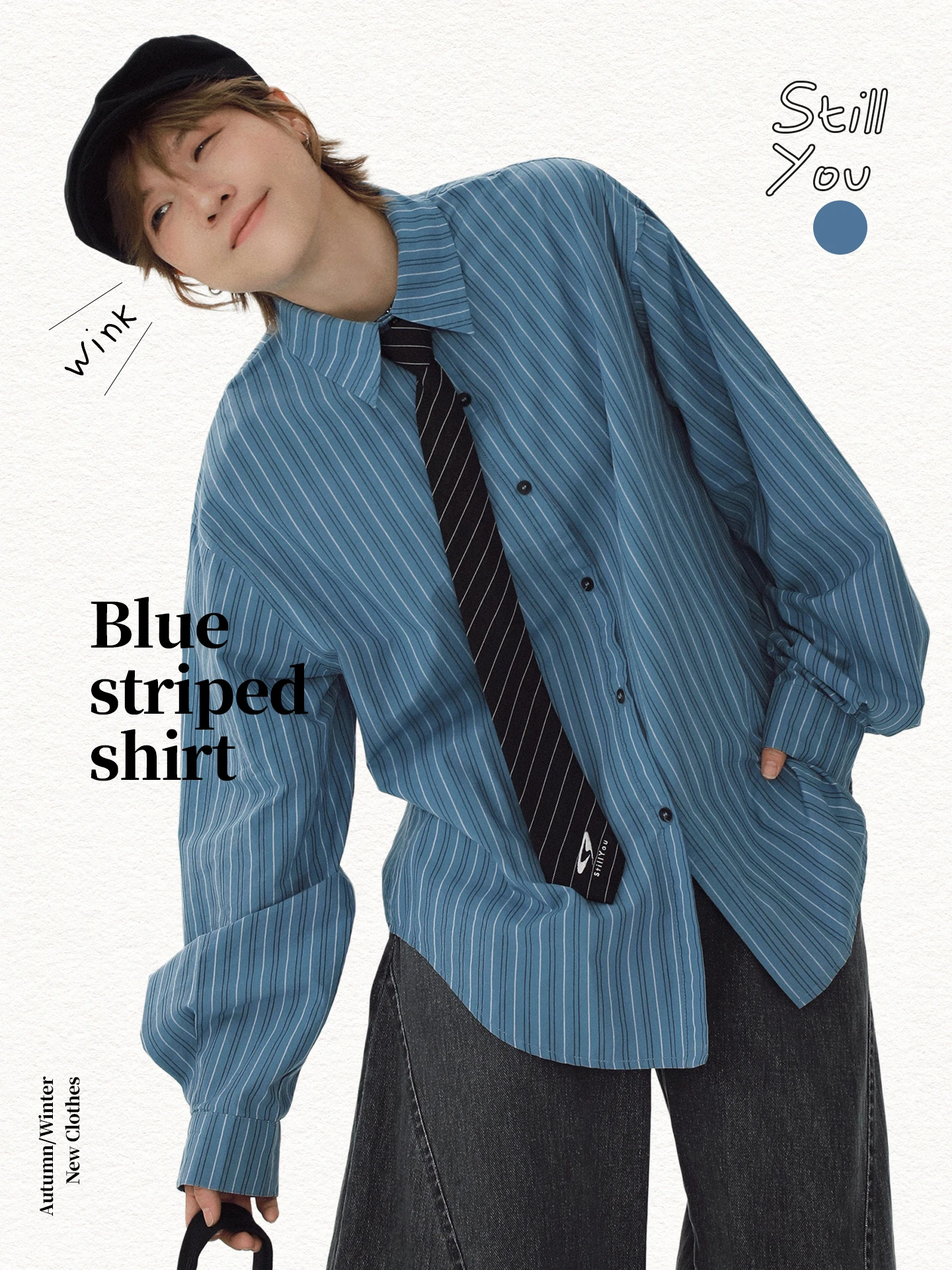 

STILLYOU Loose Fit Long Sleeve Deep Blue Striped Shirt Korean Style Inner Wear Casual Breathable Cotton Women's Shirt