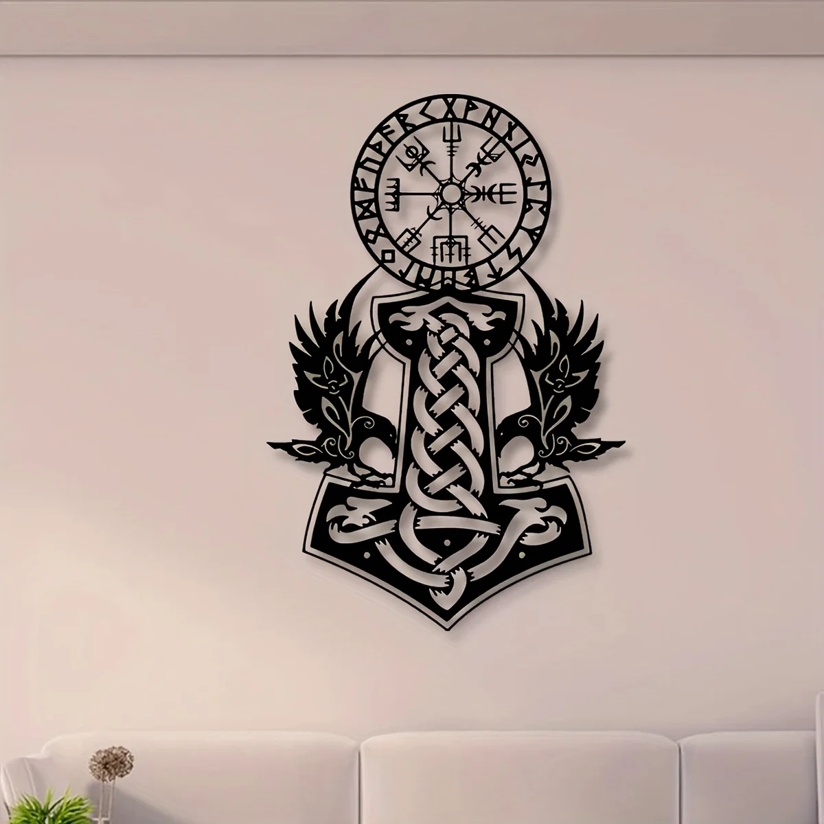 CIFBUY Metal Viking Hammer Wall Art, 2D Iron Norse Vegvisir Compass Wall Decor, Celtic Knot Raven Metal Wall Hanging