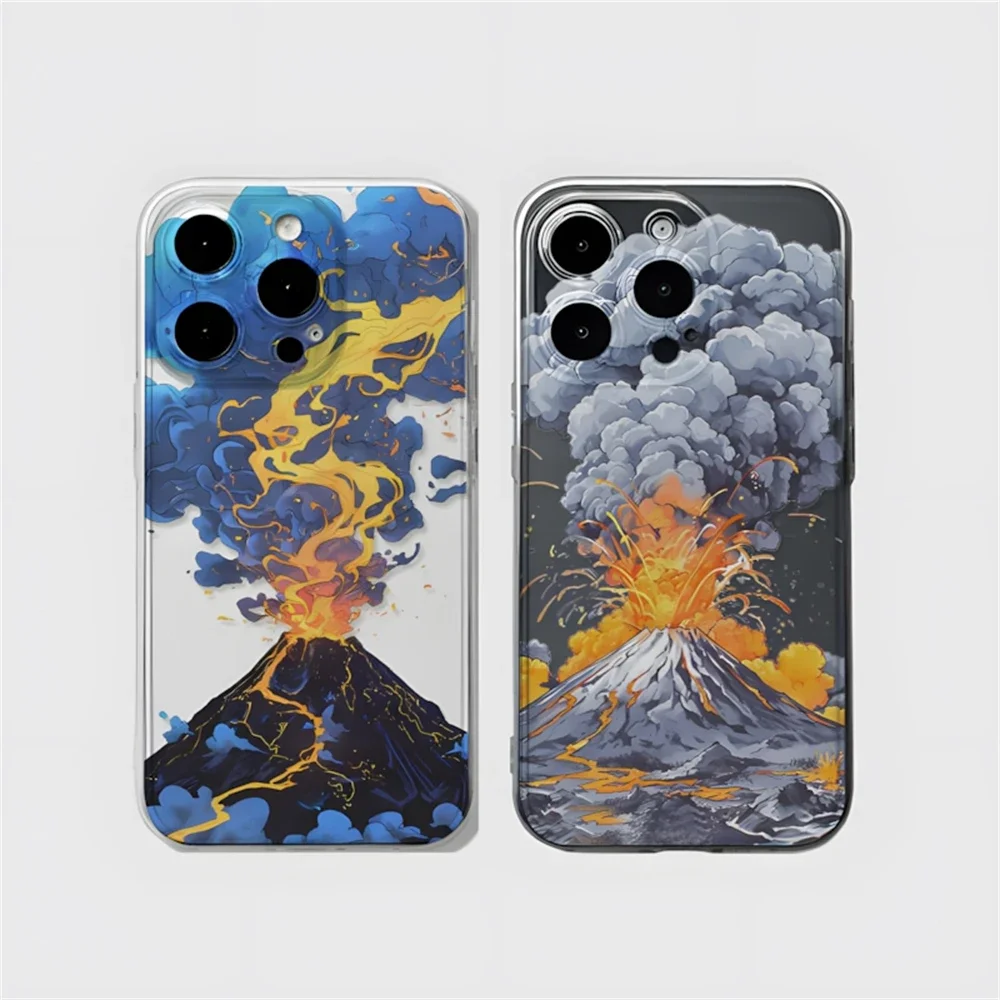 Artistic Painted Volcano Eruption Matching Case for iPhone 16 15 14 Plus 12 13 11 Pro Max Soft Silicone Clear Cover for Couple