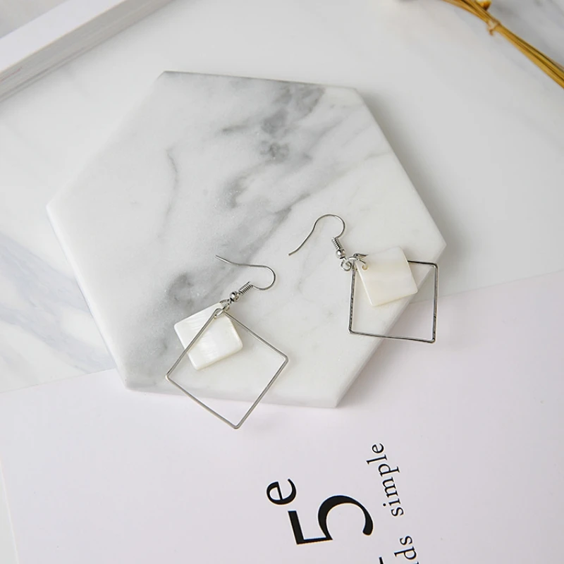 Hollow Rhombus Pendants Dangle Earrings for Women Silver Color Hook Earrings Bohemian Female Drop Earrings White Square Earrings