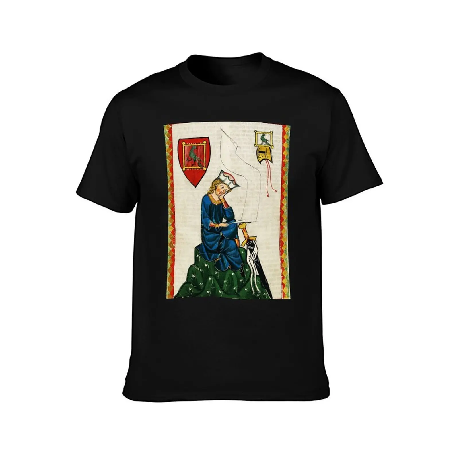 GERMAN LYRIC POET COMPOSER WALTHER VON DER VOGELWEIDE MEDIEVAL MINIATURE WITH WILD ROSES T-Shirt, Summer Casual Cotton Tee