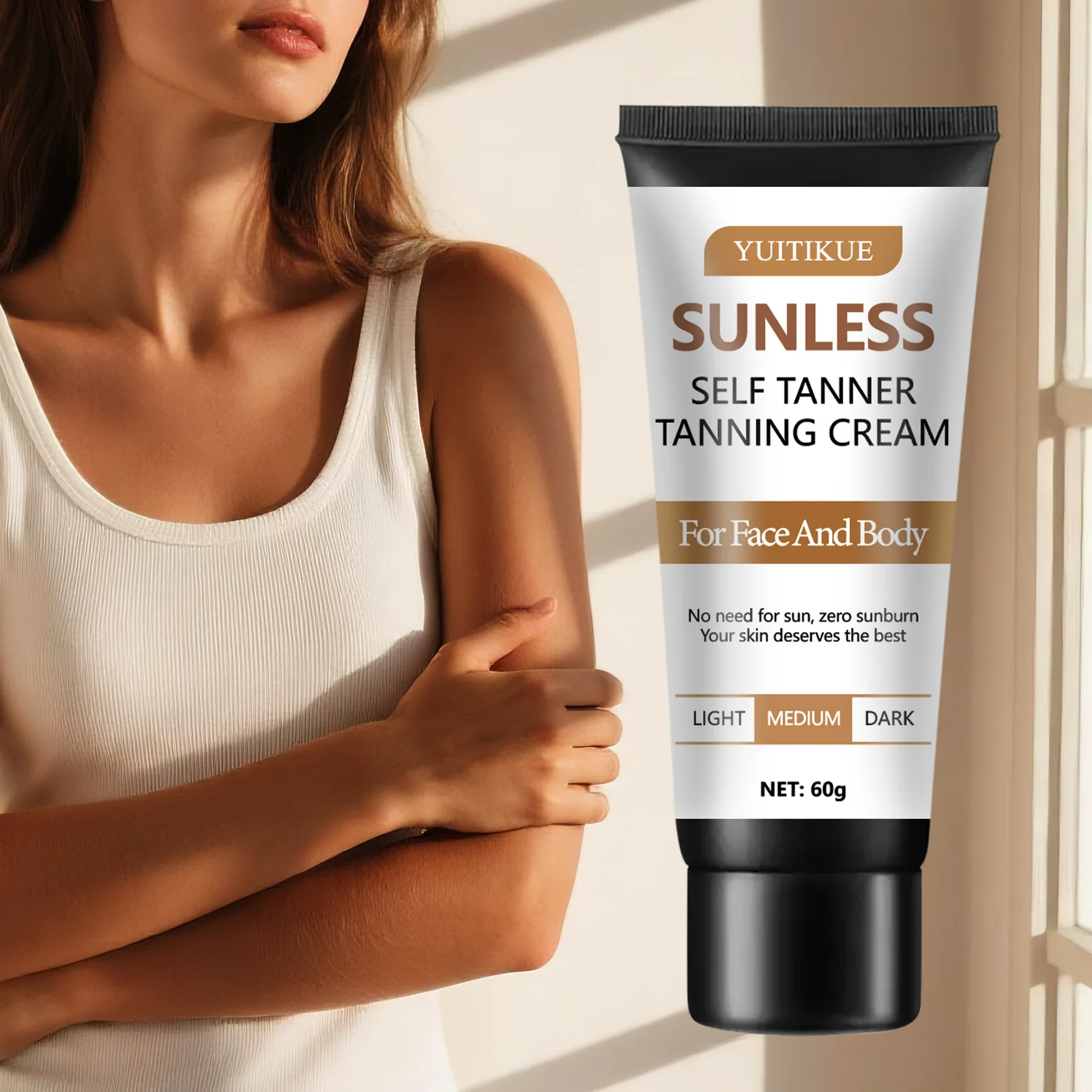 YUITIKUE Crema bronceadora autobronceadora sin sol Uso facial y corporal Quemaduras solares cero Todo tipo de piel Cobertura corporal completa 60 g