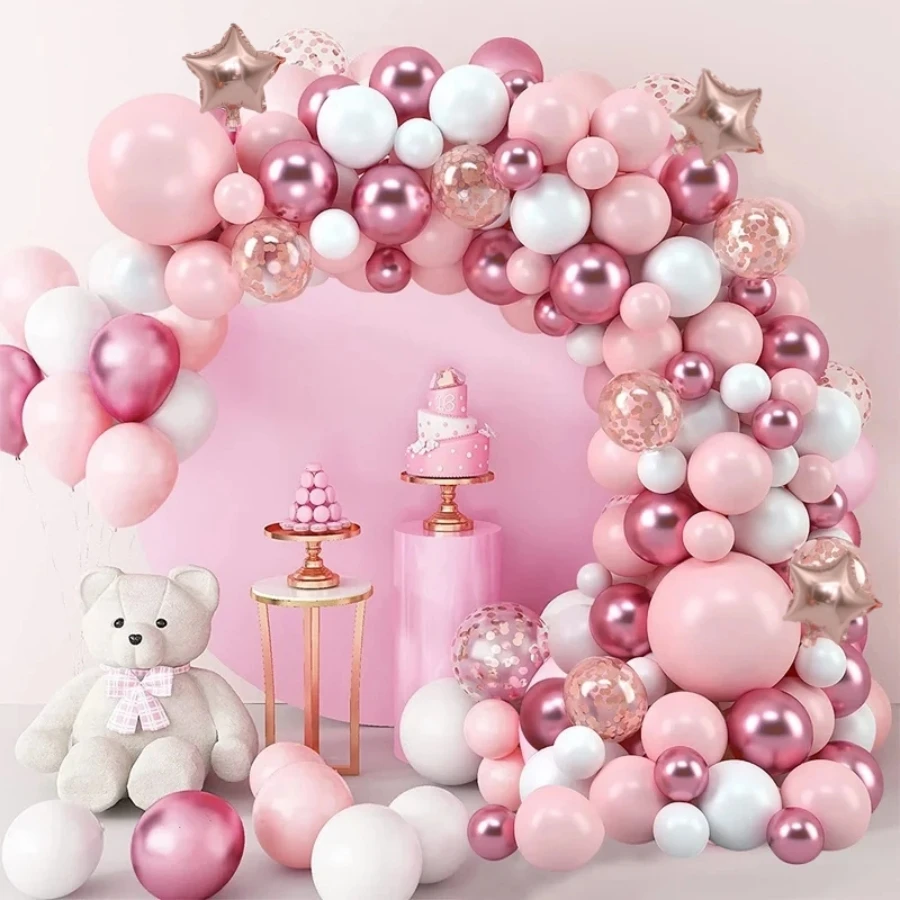 125-teiliges Rosa und Weißes Party-Ballonbogen-Set, mit Roségold Fünfzackigen Stern-Aluminiumfolienballons und Glitzerballons – Detail 4