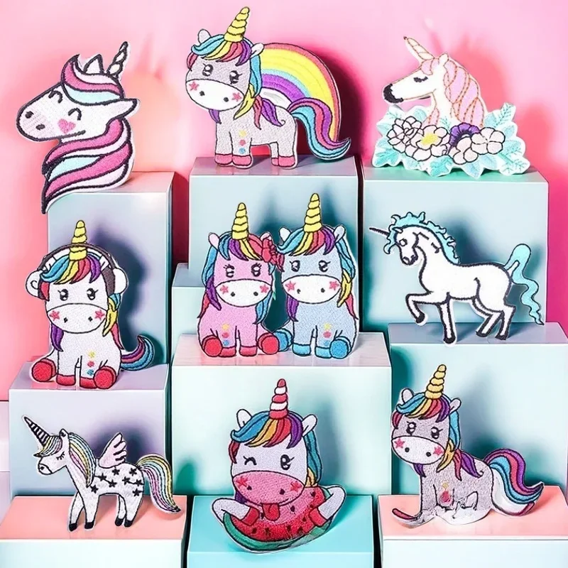 Etiqueta de tela bordada de unicornio lindo, parche termoadhesivo de dibujos animados de poni para ropa infantil de niño