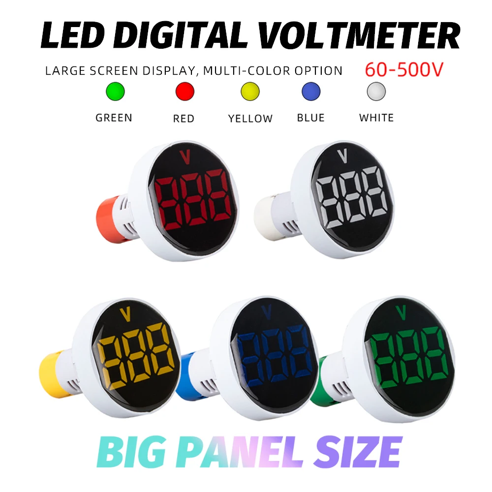 Upgraded Large Screen Size Round Voltmeter LED Screen Display 60-500V AC Current Indicator Digital Voltage Multi Color Option