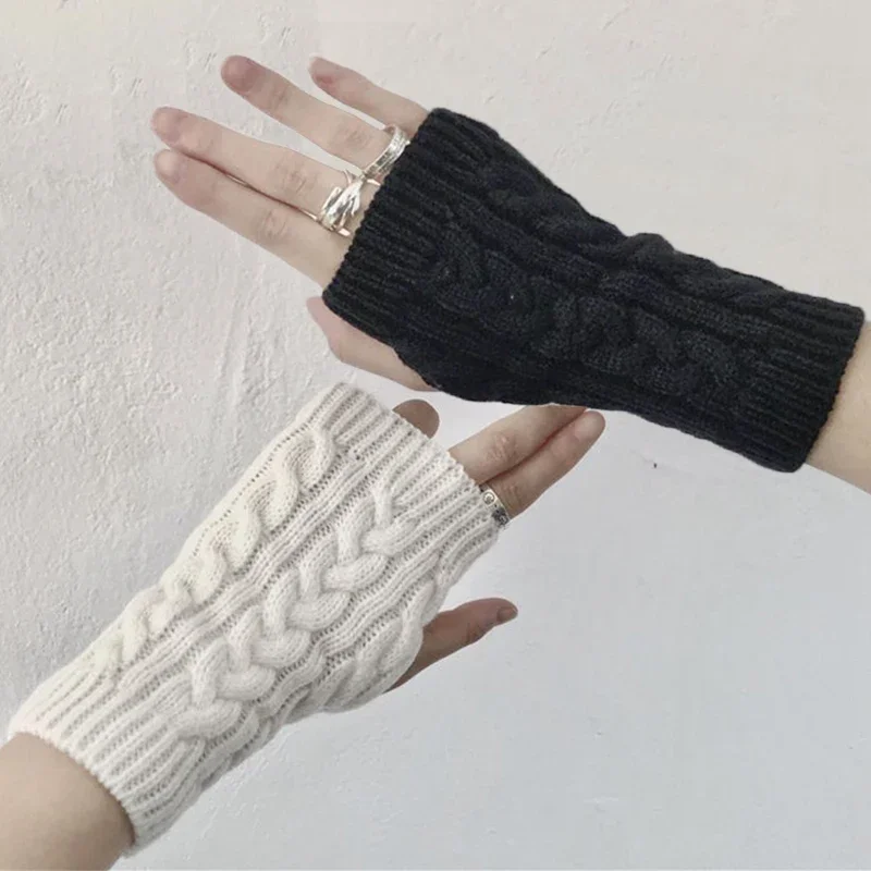 1Pair Winter Half Finger Gloves Women Girls Warm Knitted Gloves Solid Color Knitting Short Glove Punk Gothic Fingerless Mittens