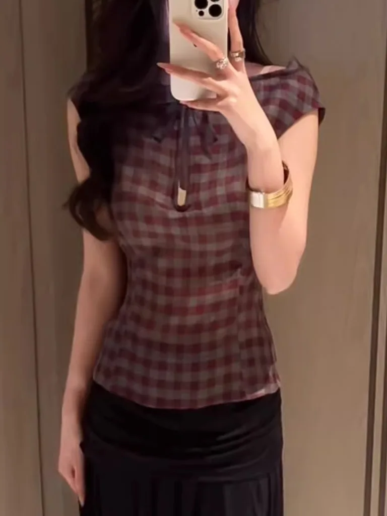 

Floral One Shanghai 26ss Trendy Hollow out Shoulder Short Plaid Shirt Shushuto Casual Style Women's Slim Fit Vest Spring Season
