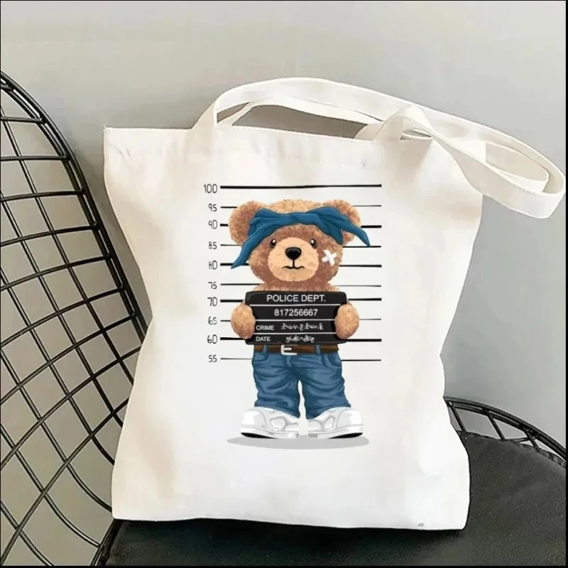 Fashion Cute Bear Ladies Canvas Handbag Fashion Shoulder Bag Eco-friendly Large Capacity Portable Travel Shopping Bag Gift