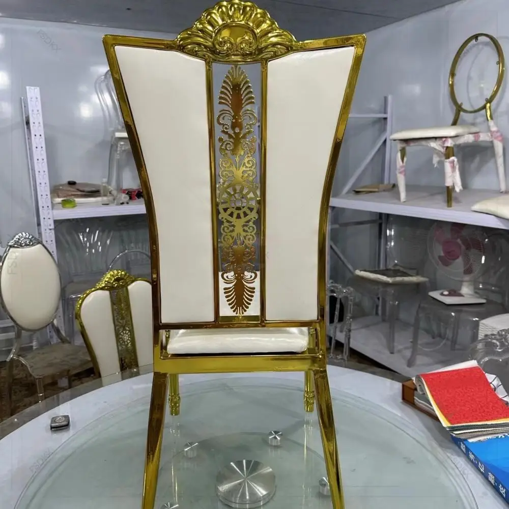 New Design Chromed Steel Metal Iron Golden With White PU Leather Color Banquet Stackable Wedding Event Party Chairs