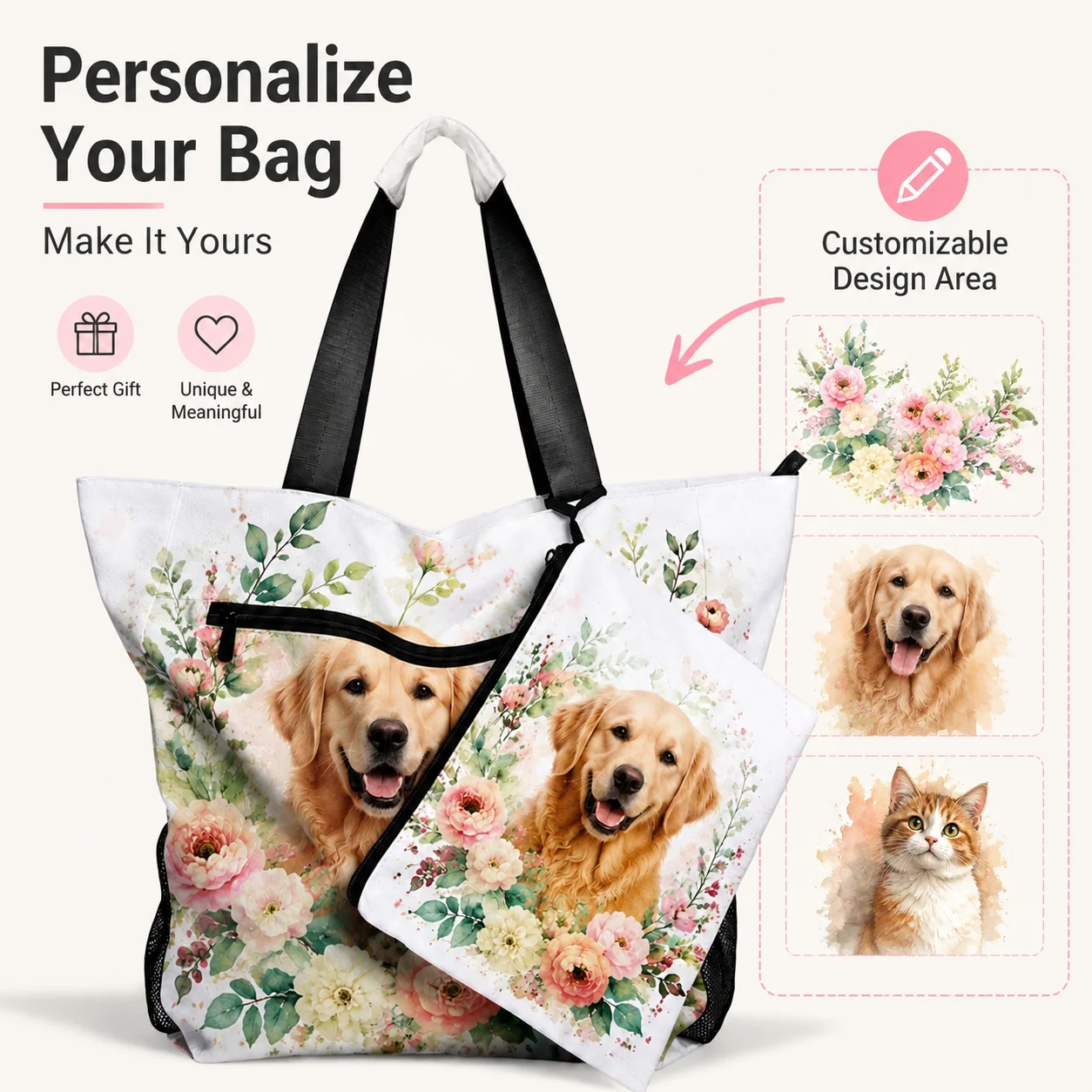 Personalized Waterproof Tote Bag Women Large Capacity Shoulder Bag Custom Travel Shopping Gym Work Handbag