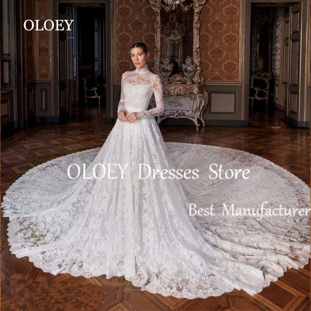 OLOEY Luxury Lace A Line Wedding Dresses High Neck Full Sleeves Bridal Gown Button Back Wedding Party Dress Custom Made