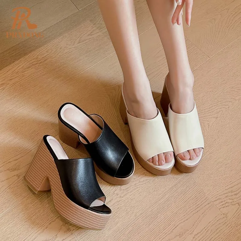 PRXDONG Genuine Leather Women Shoes New Summer Black Beige Chunky High Heels Open Toe Dress Party Casual Lady Sandals Slippers