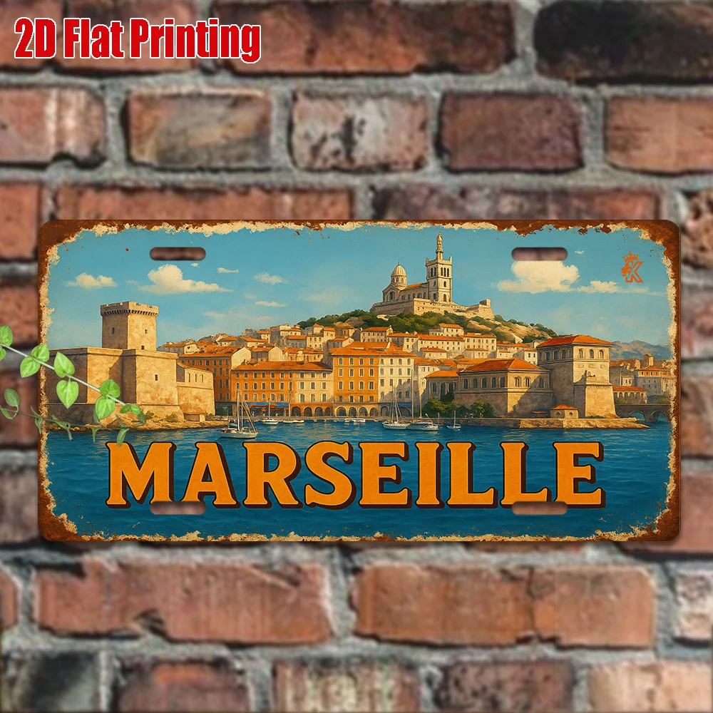Placa de alumínio vintage Marseille 11,8x5,9 polegadas, decoração de parede da Riviera Francesa, placa de metal retrô para casa, jardim externo