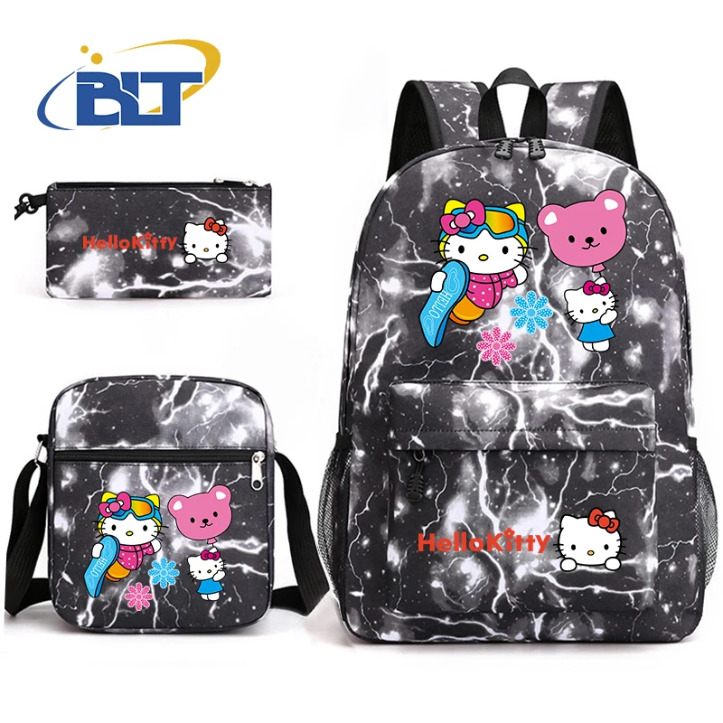 Conjunto de bolso escolar para estudiantes con estampado de MINISO HeIIoKitty, bolso de lápices para niños, mochila, bolso de hombro, conjunto de tres piezas