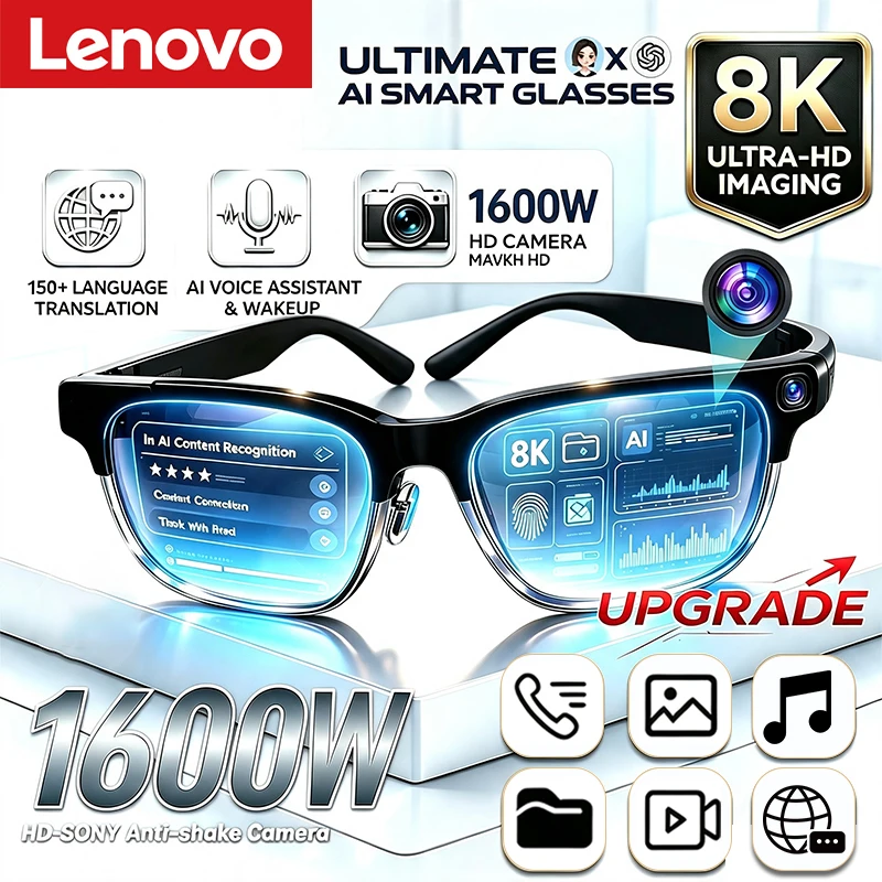 Lunettes intelligentes Lenovo AI 8K avec télécommande, appareil photo tactile, enregistrement, traducteur, assistant vocal, Bluetooth sans fil