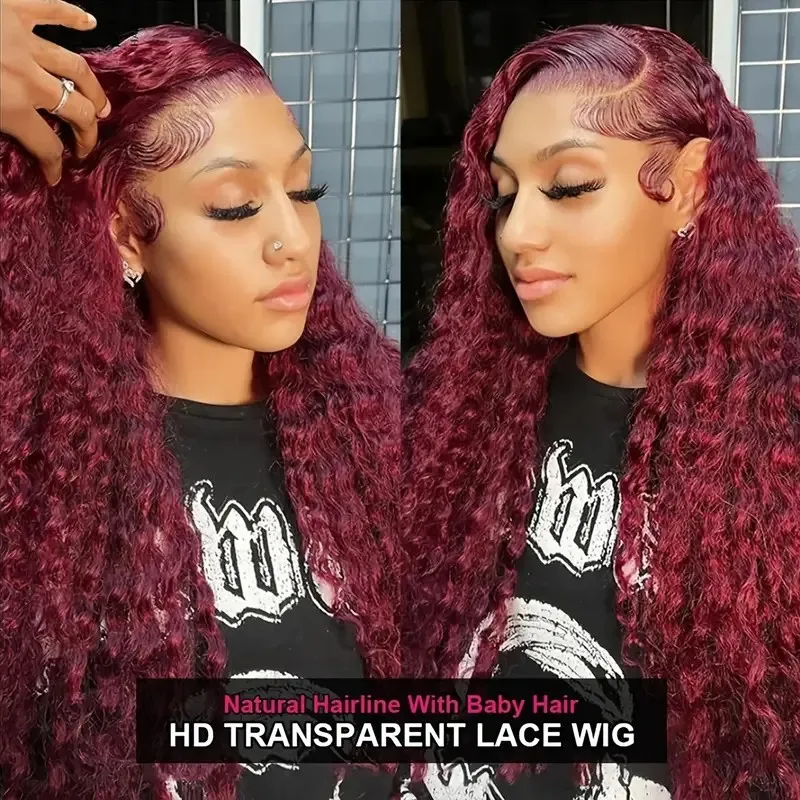 

Парик спереди с глубокими волнами, 13X4, бразильские девственные человеческие волосы, плотность 200%, вьющийся парик с глубокими волнами, элегантный бордовый цвет для женщин