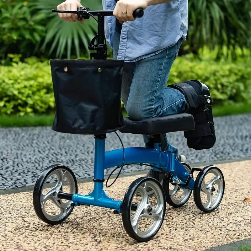 Lightweight Steerable Knee Walker with Basket Collapsible Four Wheels Mobility Aid for Leg Injury Recovery Support Device