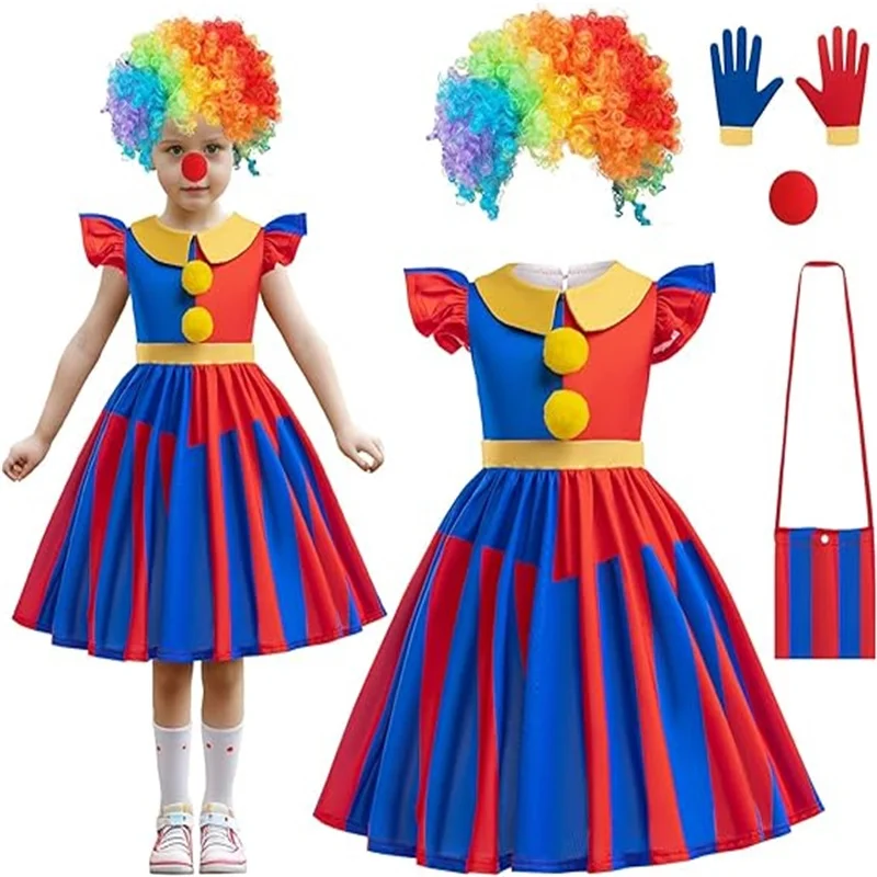 Children Cosplay Digital Circus Pomni Costume Kids Girls Dress+Wig Halloween Carnival Festival Masquerade Birthday Party Clothes