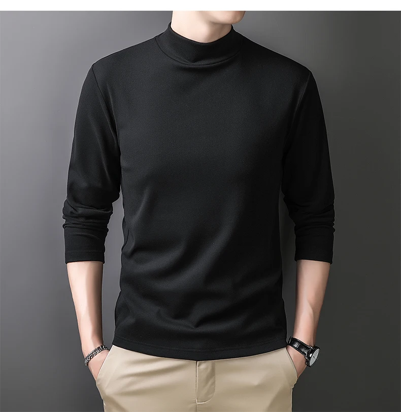 Autumn and Winter Solid Color Velvet Long Sleeve T-shirt, Men's Semi-turtleneck Base Shirt Large Size Men's Hoodie Thermal Under