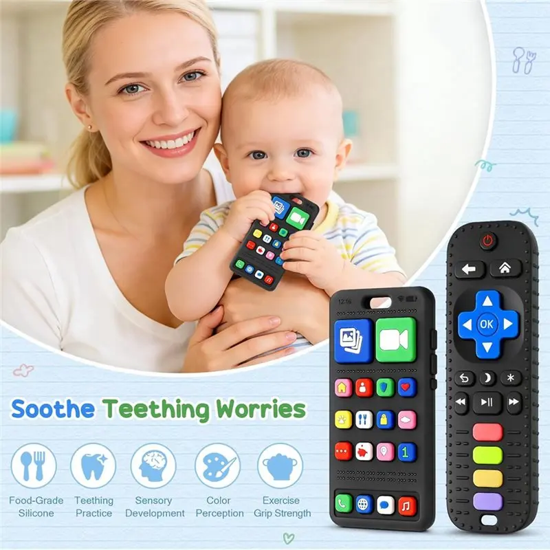 Superr-Sensory Chew Toys For Infants, Baby Teething Toys 3-6 Months, Silicone Phone And Remote Teether, Teething Relief