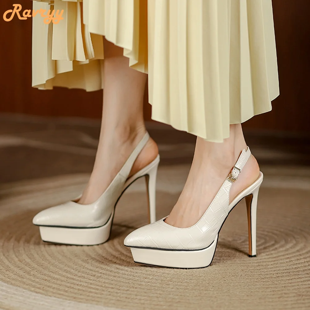 

Pointed Toe Platform Genuine Leather Pumps Stiletto Heel Back Strap Slingback Shallow High Heels Women New Fashion Sandals Pumps