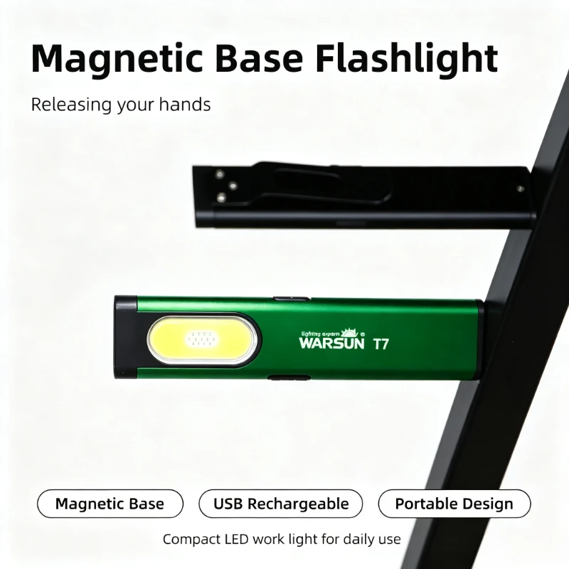 WARSUN T7 Magnetic Base LED Work Light Portable USB Rechargeable COB Flashlight for Workshop Camping Home Emergency