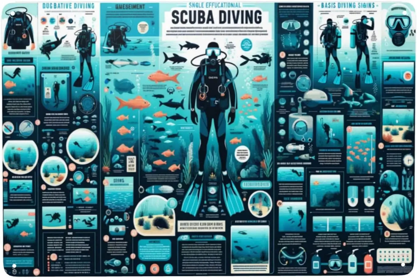 Comprehensive Scuba Diving Educational knowledge Poster Metal Tin Sign Wall decor Detailed Underwater Guide & Marine Li goo sign