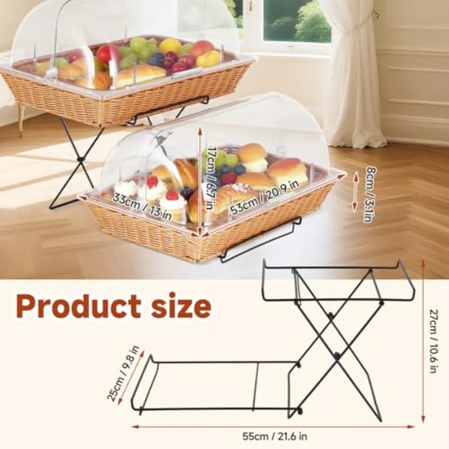 Bread Basket Serving Display Tray with Clear Roll Top Cover and Metal Display Stand for Cookies Bakery Display Rack (20.5x13 In)