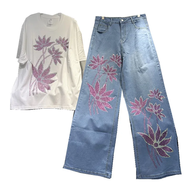 

Fashion Spring Summer Women Two-piece Set Pink Hot Diamonds Loose White Short Sleeve T-shirt + High Waist Wide Leg Denim Pants
