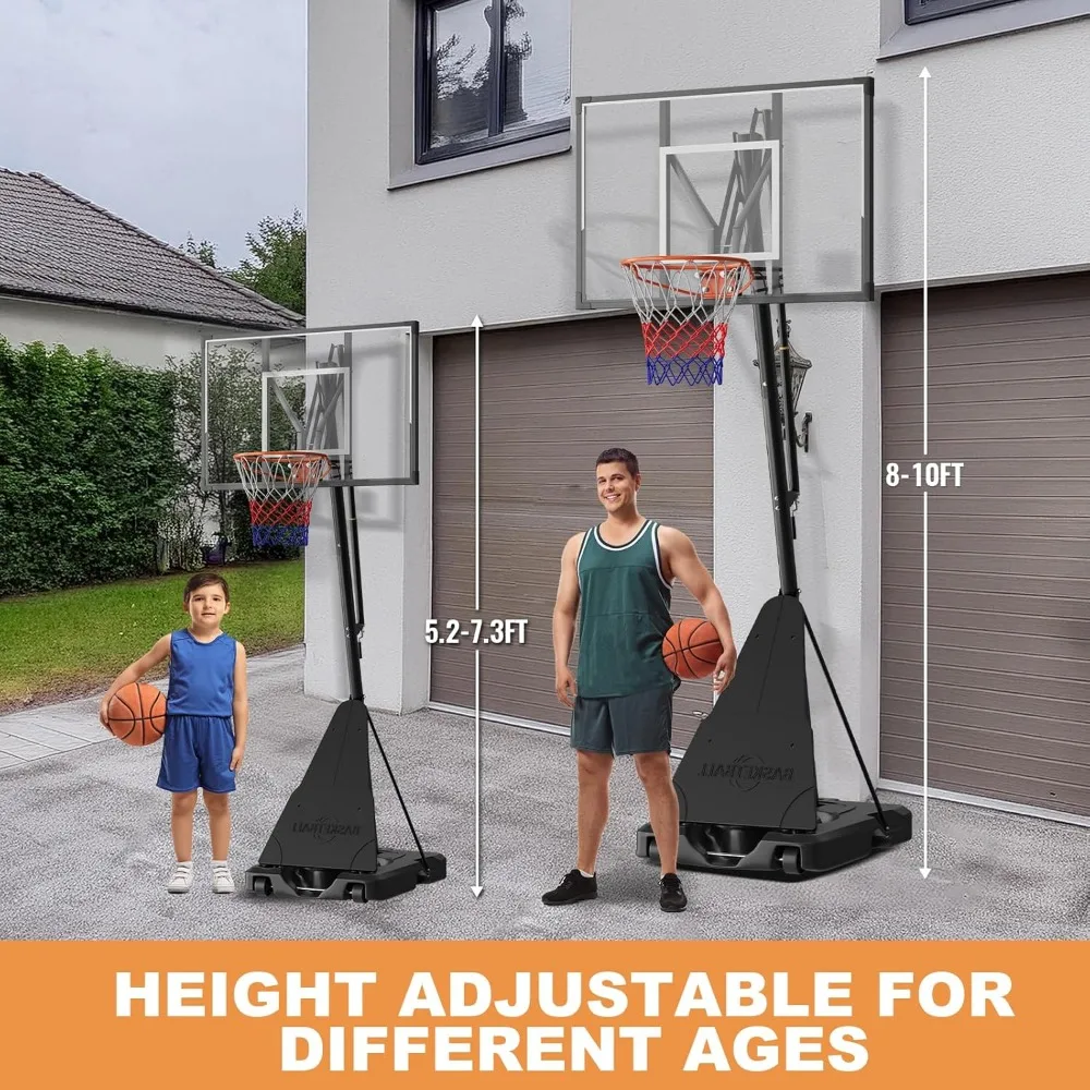 HKHW-HWLQJ-C Portable Basketball Hoop Outdoor Adjustable Height 5-10FT Manual Crank 44 Inch Backboard with Wheels for Driveway