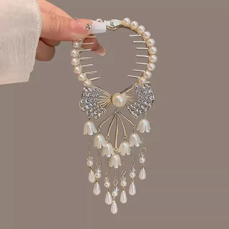 Retro Bell Orchid Flower Hair Clip Women Bowknot Tassel Hair Claw Girls Elegant Crystal Ponytail Buckle Hair Accessories Korean