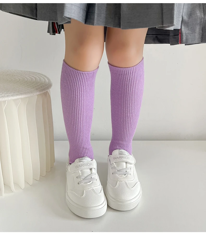 Pretty Kids Girls Candy Color Solid Thin Vertical Stripe Simple Long Knee High Socks Lightweight Durable Classic Basic Stockings