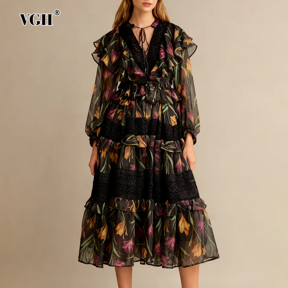 

VGH Элегантное платье на шнуровке с принтом для женщин с v-образным вырезом и длинными рукавами в стиле пэчворк, кружевное шифоновое многоуровневое платье миди, женские